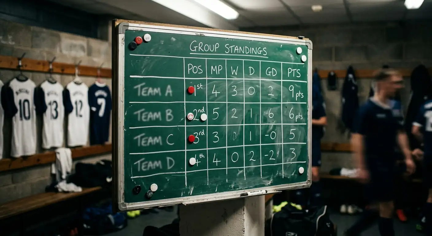 A tactics board showing a football group table with four teams, viewed in a dressing room under stadium lights