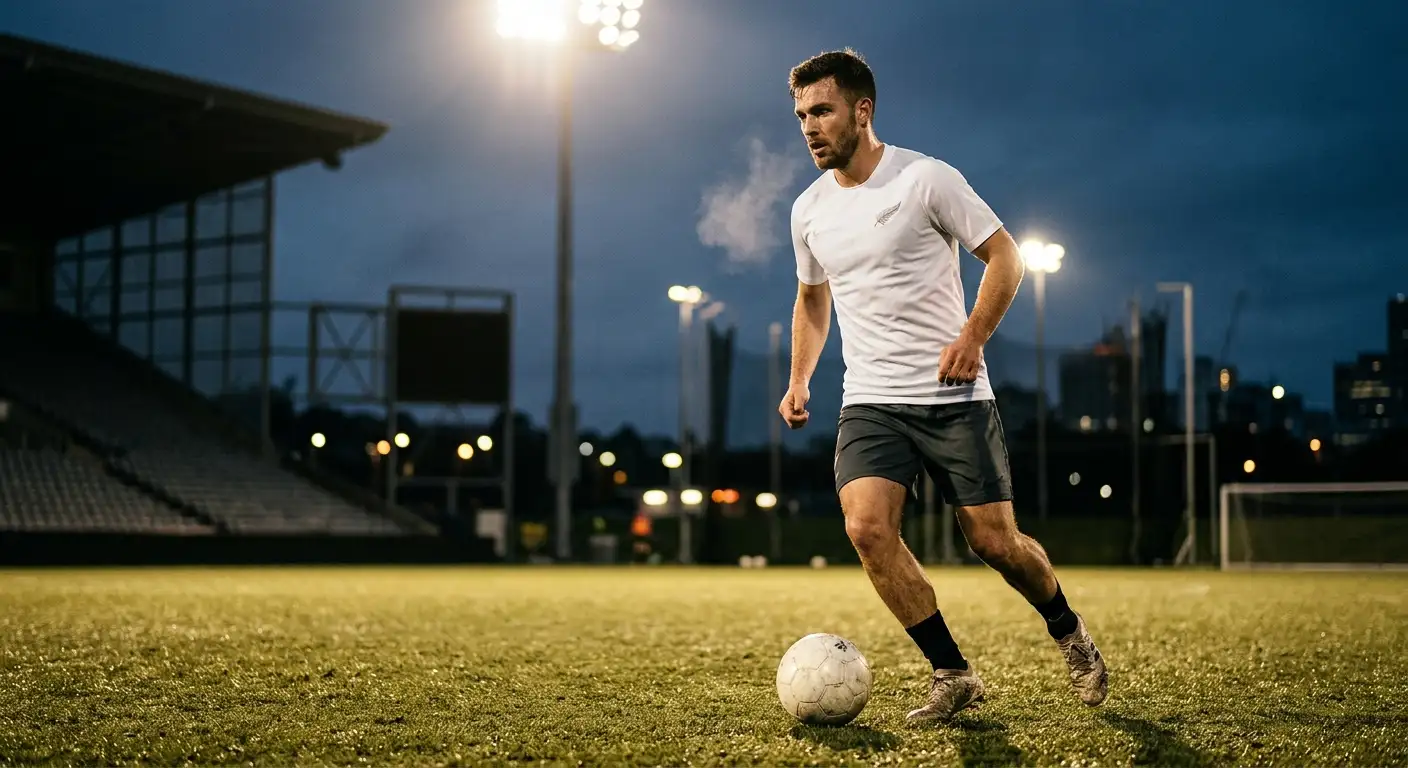 A footballer in a white jersey training under floodlights with the silver fern visible, focused expression