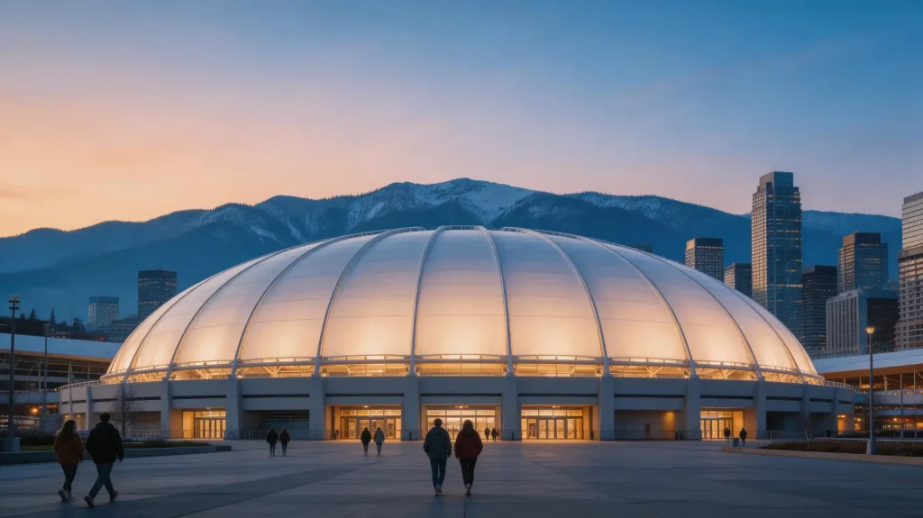 BC Place Stadium in Vancouver at dusk with retractable roof and city skyline in background