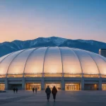 BC Place Stadium in Vancouver at dusk with retractable roof and city skyline in background