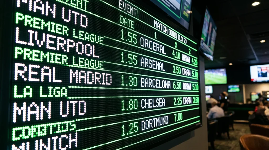 Football betting terminology reference showing odds display board with match markets