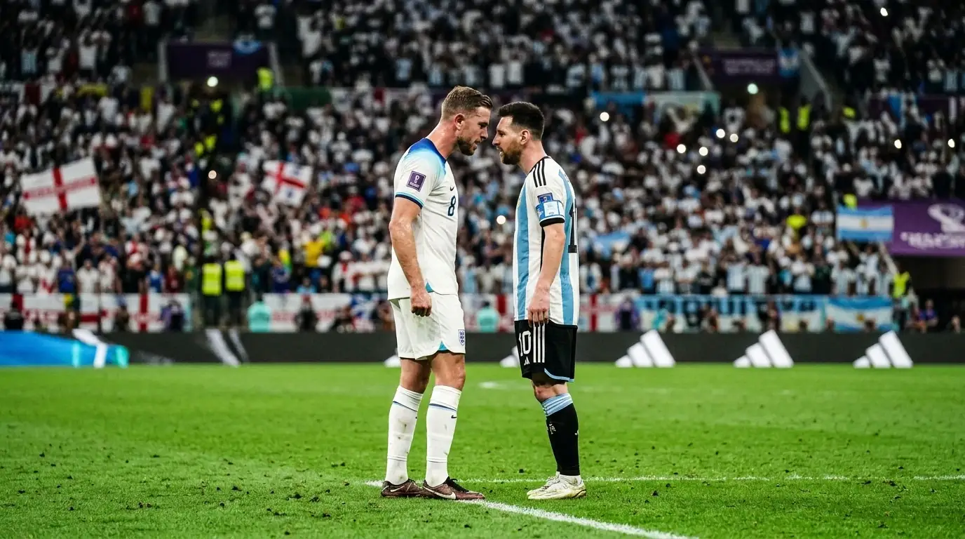 Footballers in England white and Argentina light-blue-and-white stripes facing off in a tense World Cup semi-final under stadium lights