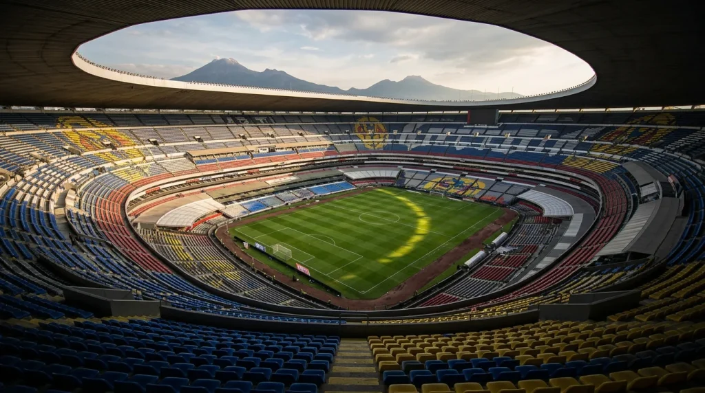 Estadio Azteca in Mexico City showing the iconic bowl structure and surrounding mountains