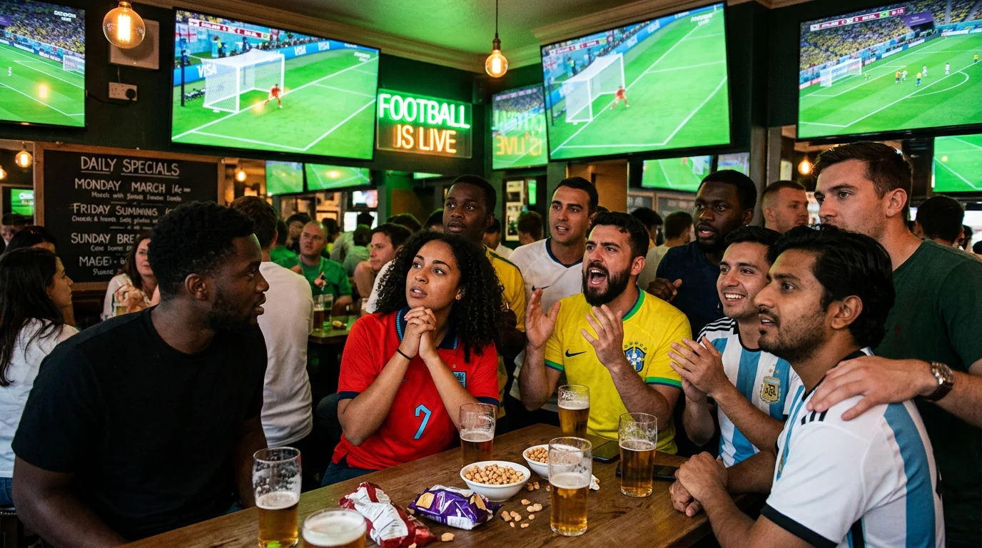 Football fans watching World Cup match together in a pub with screens showing the game
