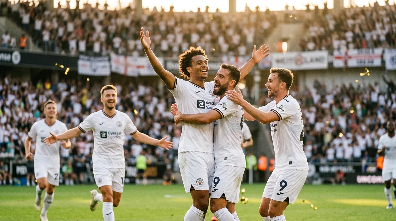 National team players celebrating a goal during World Cup tournament with arms raised in triumph