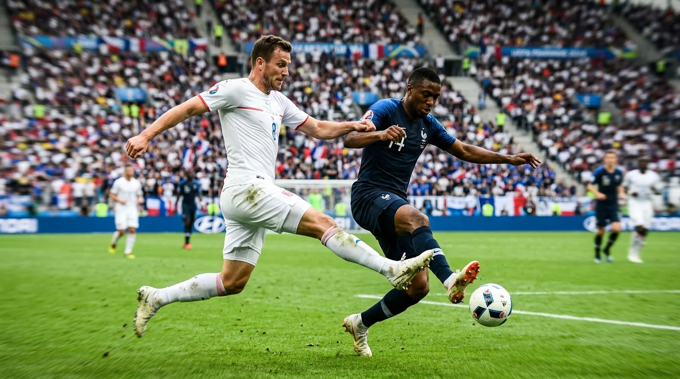 Professional football match action shot showing players competing for the ball during international tournament