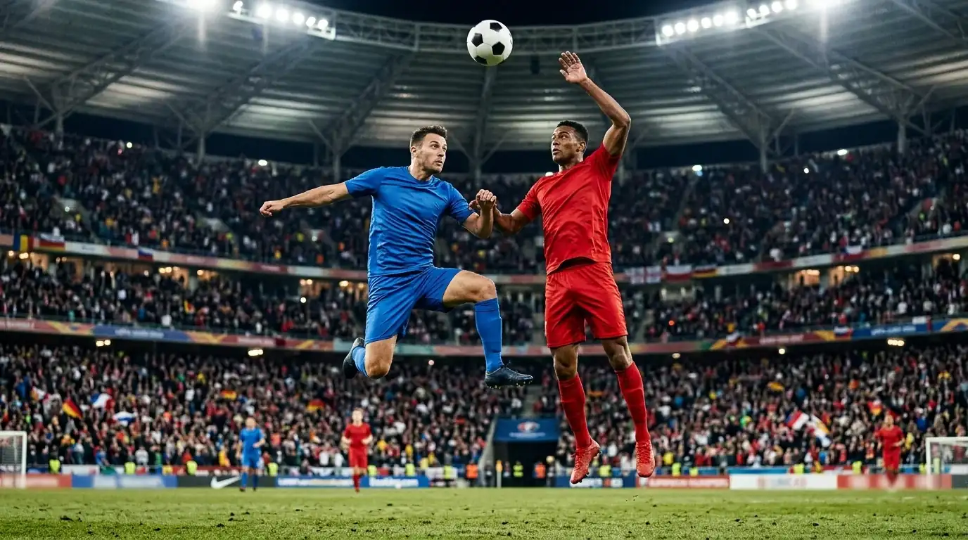 Footballers in France blue and Spain red contesting a high ball under closed-roof stadium lights, intense semi-final atmosphere, packed stands