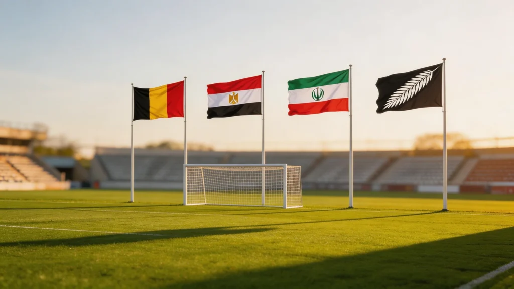 Group G World Cup 2026 featuring Belgium, Egypt, Iran and New Zealand flags with football pitch background
