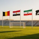 Group G World Cup 2026 featuring Belgium, Egypt, Iran and New Zealand flags with football pitch background