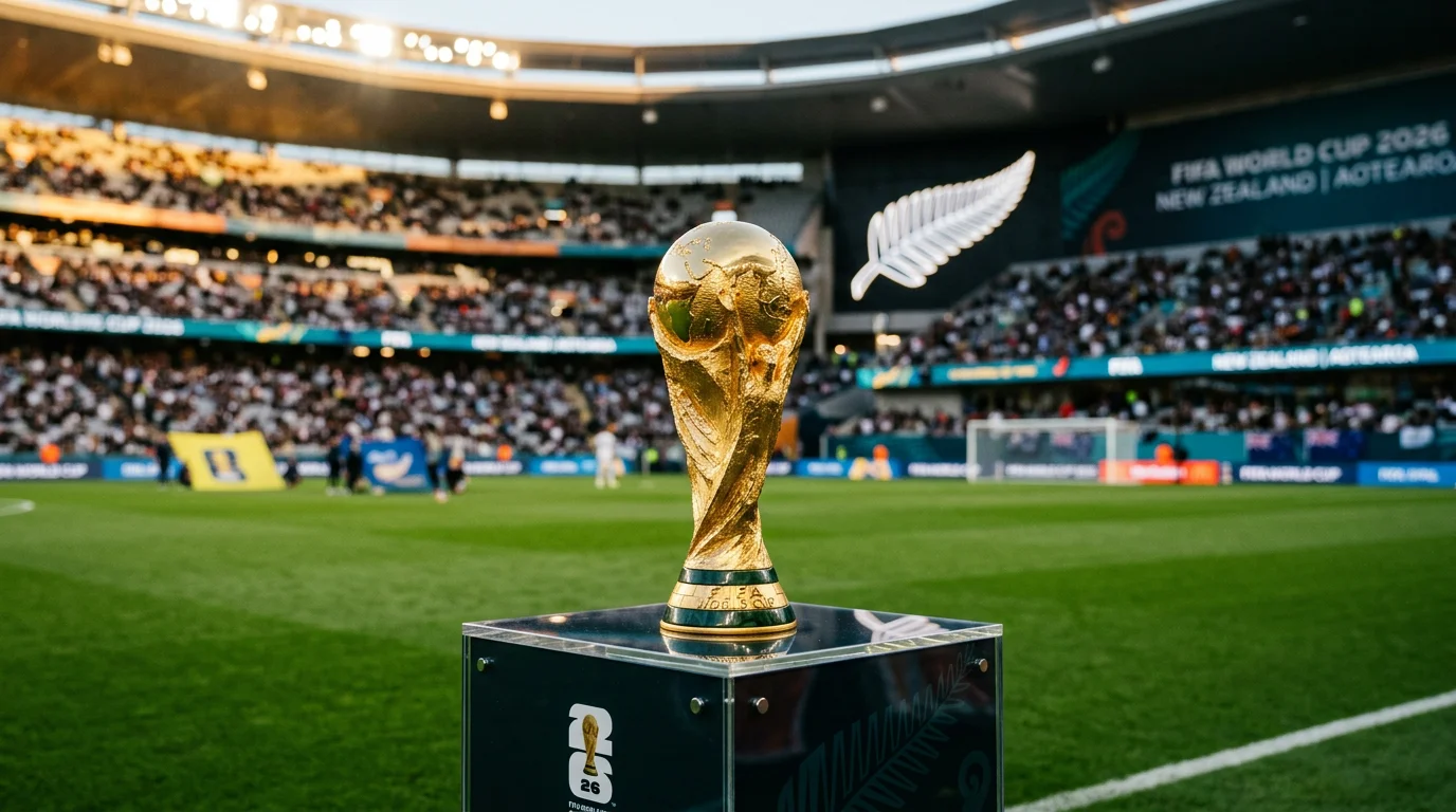 FIFA World Cup 2026 trophy with New Zealand flag representing the All Whites' participation in the tournament