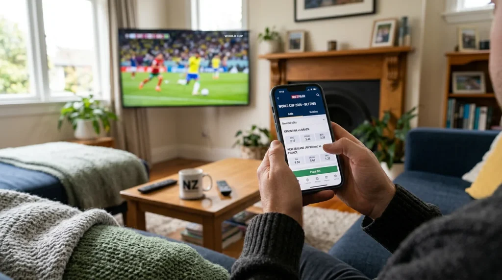 New Zealand punter placing World Cup 2026 bet on TAB NZ platform with All Whites match displayed