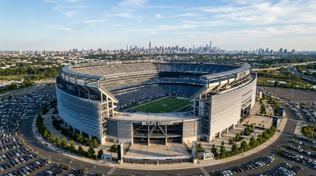 MetLife Stadium exterior in East Rutherford New Jersey with New York City skyline visible in distance
