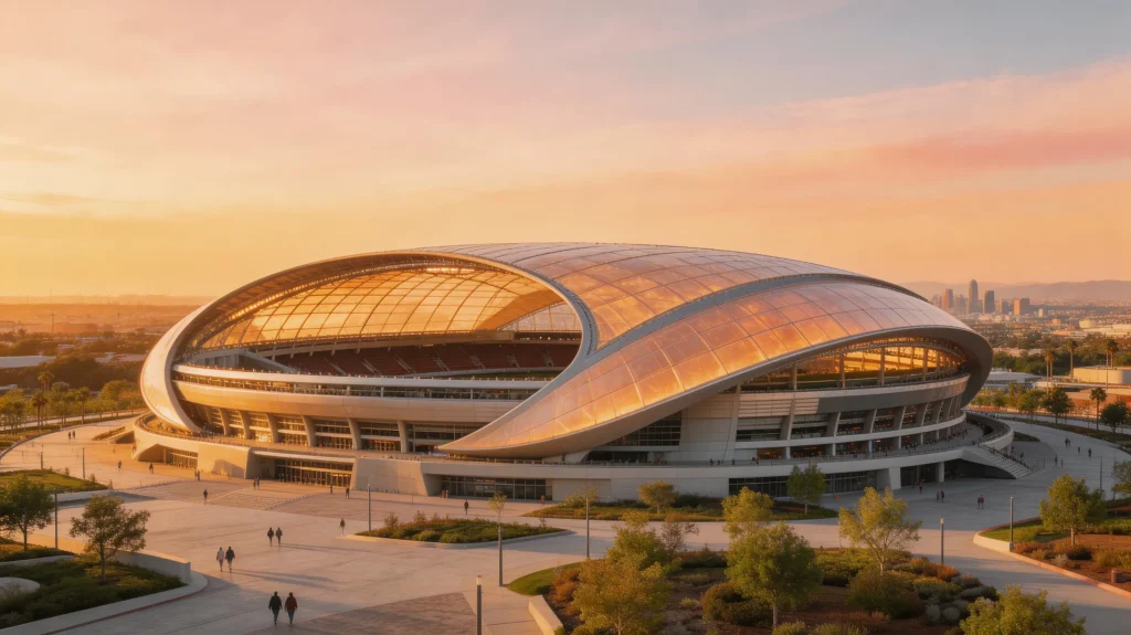 SoFi Stadium in Inglewood Los Angeles showing distinctive curved canopy roof and surrounding plaza