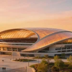 SoFi Stadium in Inglewood Los Angeles showing distinctive curved canopy roof and surrounding plaza