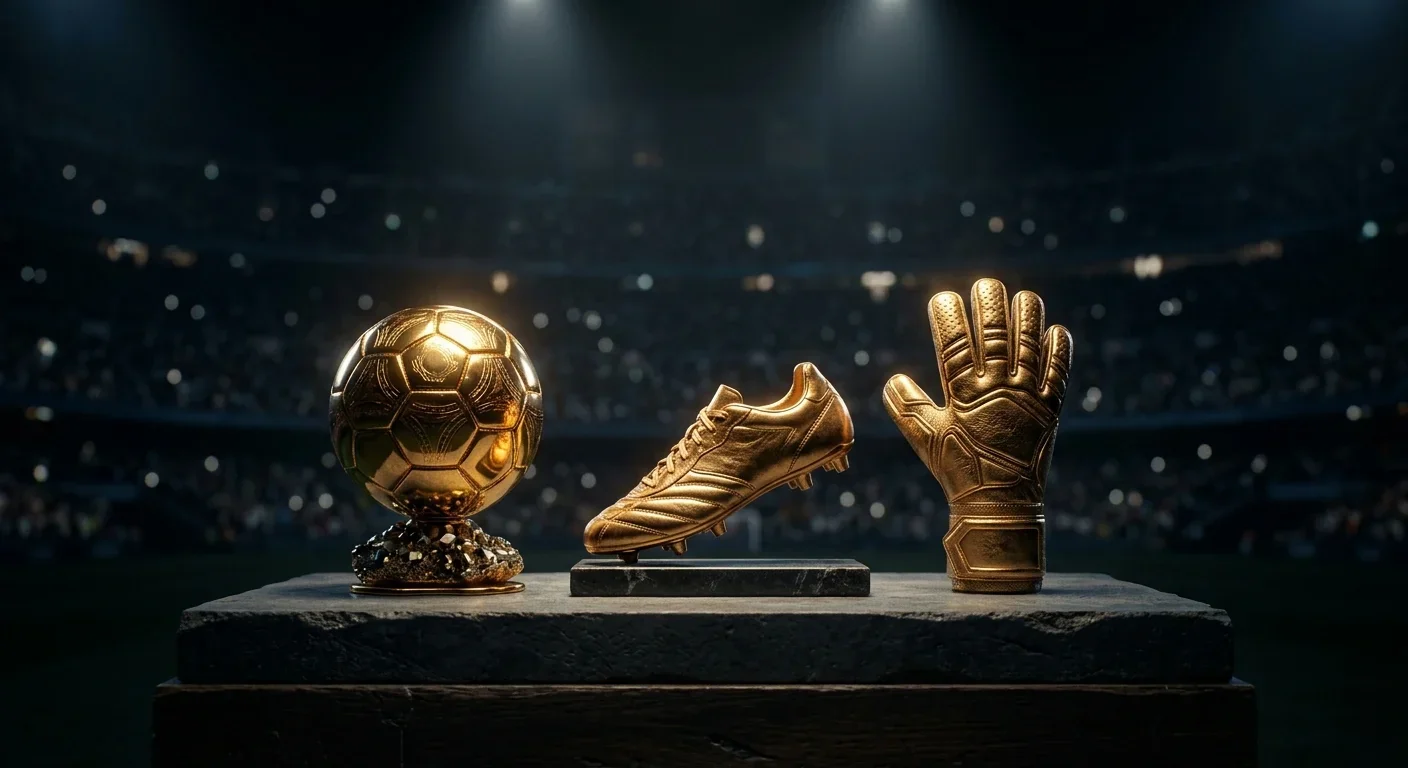 Individual football award trophies under focused spotlights in a darkened arena