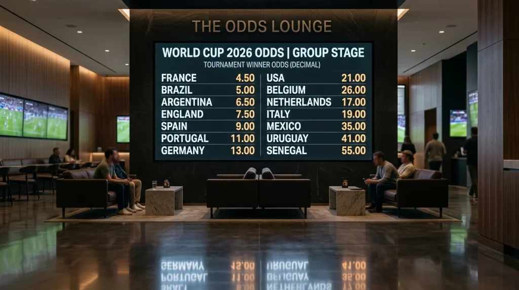 World Cup 2026 betting odds display showing tournament favourites and market prices for New Zealand punters