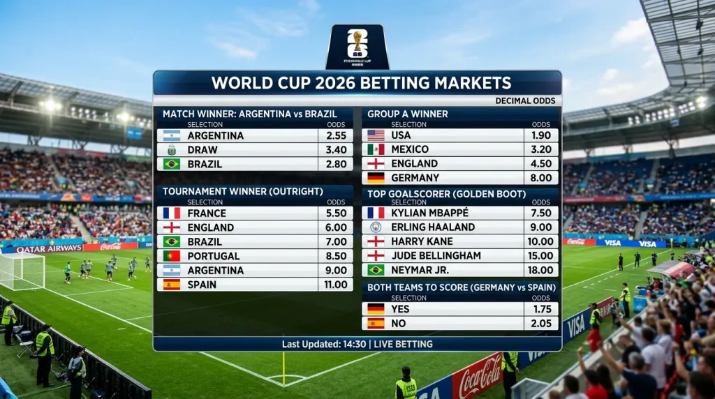 Football betting markets display for World Cup 2026 showing various wager options