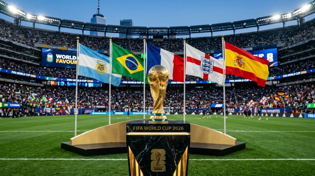World Cup 2026 trophy with flags of tournament favourite nations surrounding it