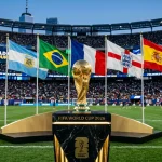 World Cup 2026 trophy with flags of tournament favourite nations surrounding it