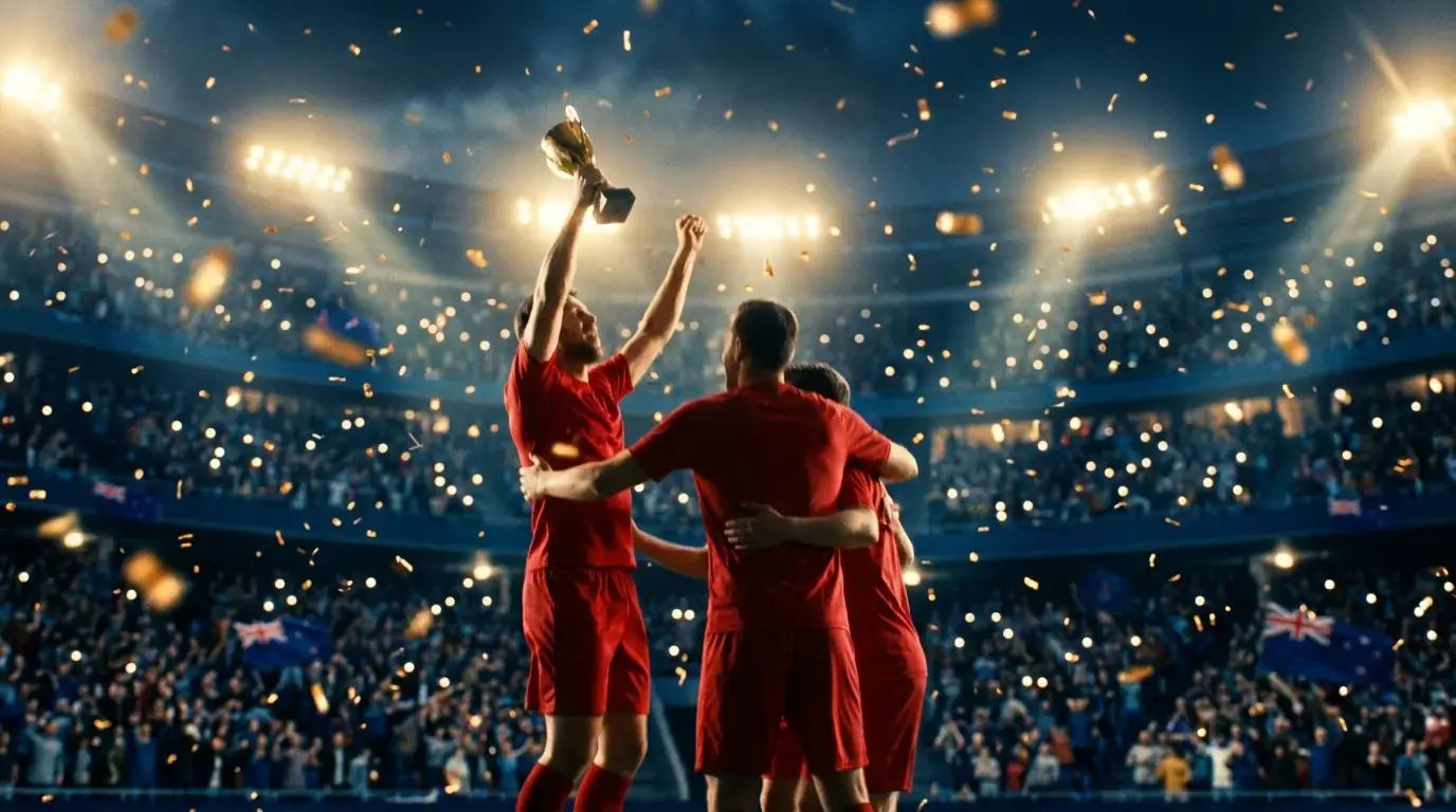 Players in red celebrating a World Cup title under stadium floodlights with confetti falling
