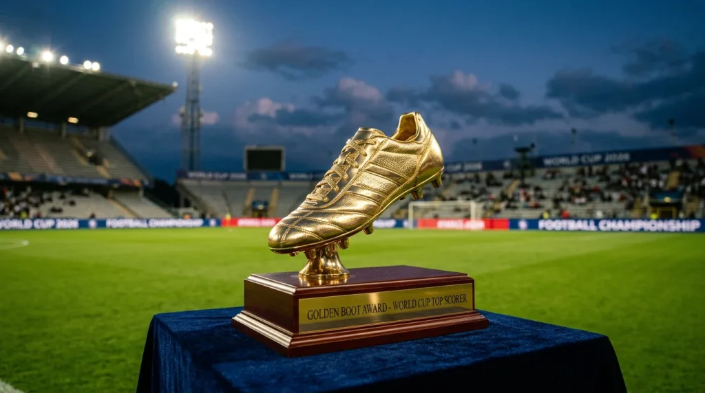 Golden Boot trophy with World Cup 2026 top scorer candidates surrounding it
