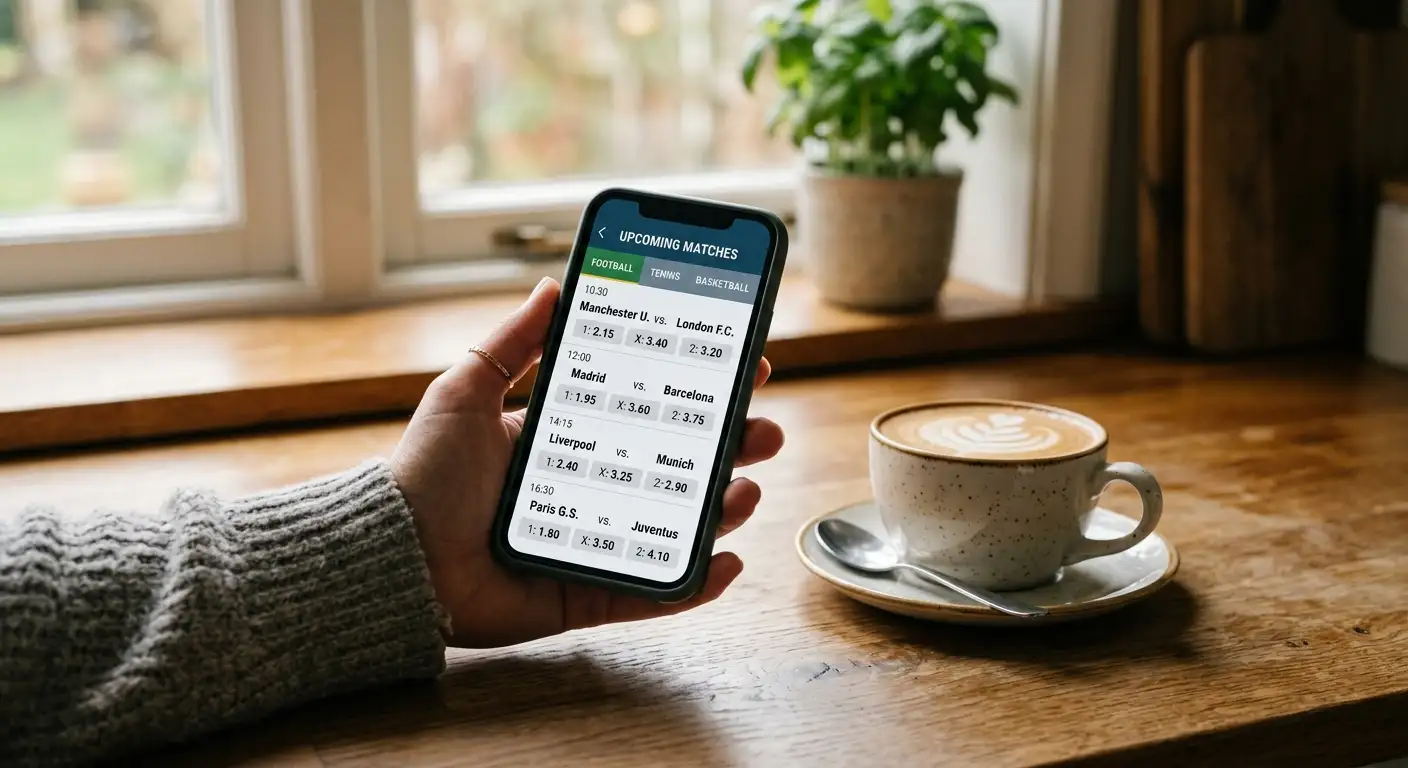 A bettor's view of a World Cup matchday — phone showing decimal odds beside a coffee on a Kiwi kitchen bench, morning light