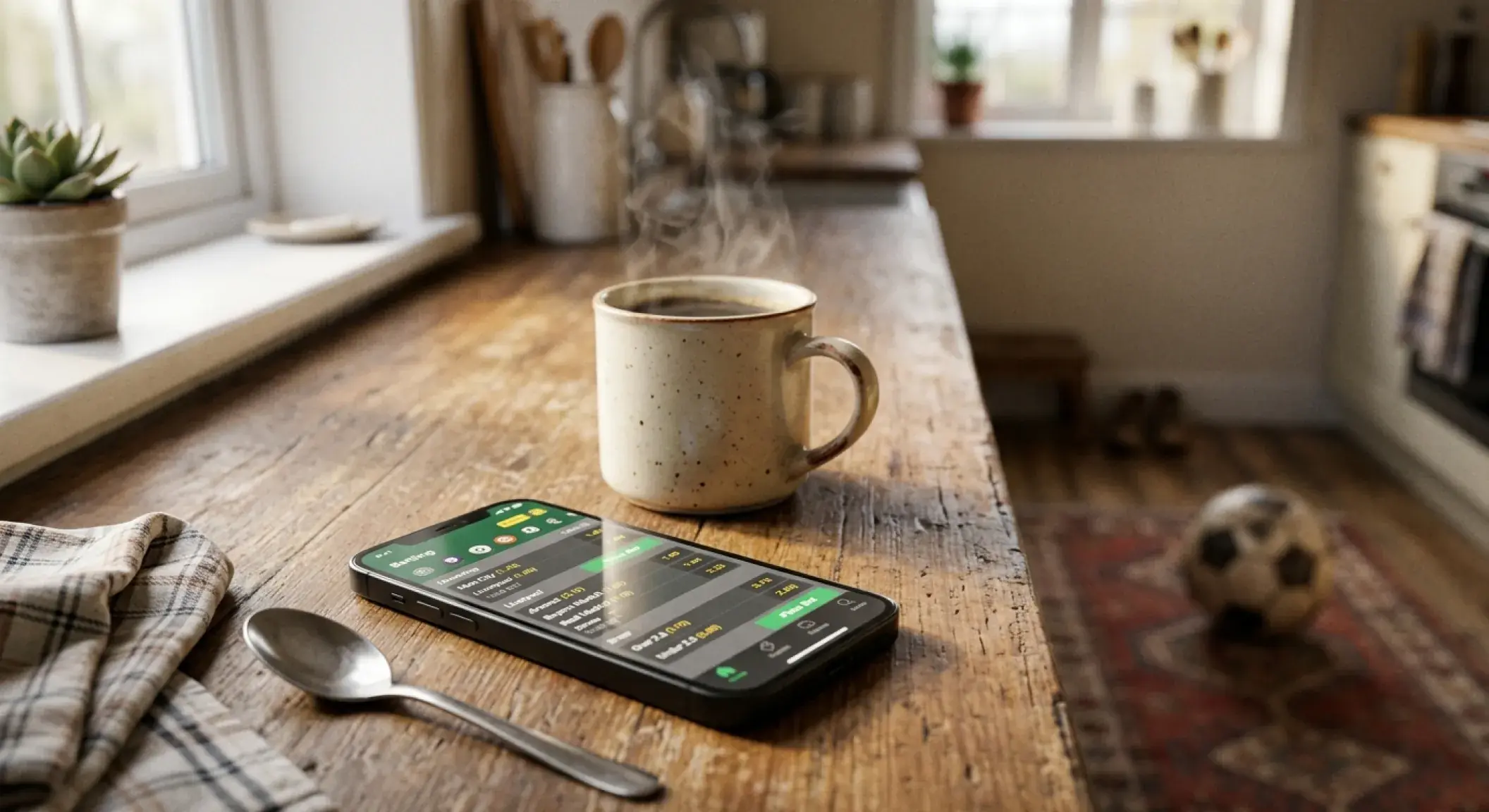 A punter's-eye view of a World Cup weekend — phone showing decimal odds beside a coffee on a Kiwi kitchen bench in morning light