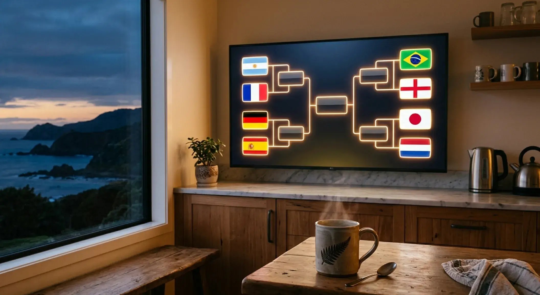 A World Cup knockout bracket graphic glowing on a screen with eight national flags, framed against an early-morning kitchen in New Zealand