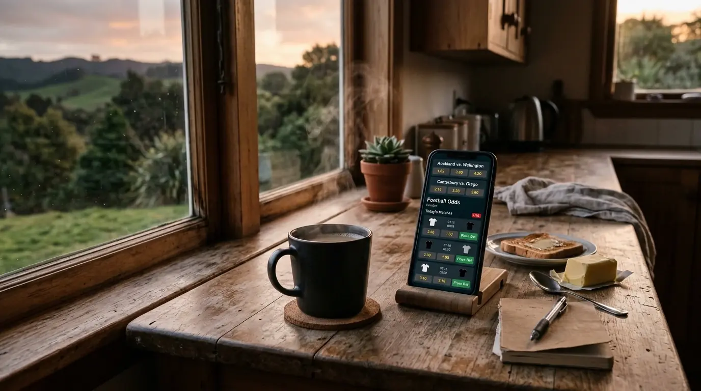 A Kiwi kitchen bench at dawn — a phone showing decimal odds beside a steaming coffee, morning light through the window