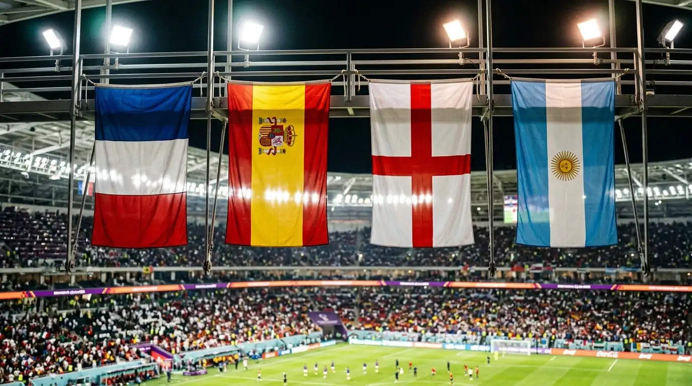 Four national flags — France, Spain, England and Argentina — rendered as banners under stadium floodlights ahead of the World Cup semi-finals