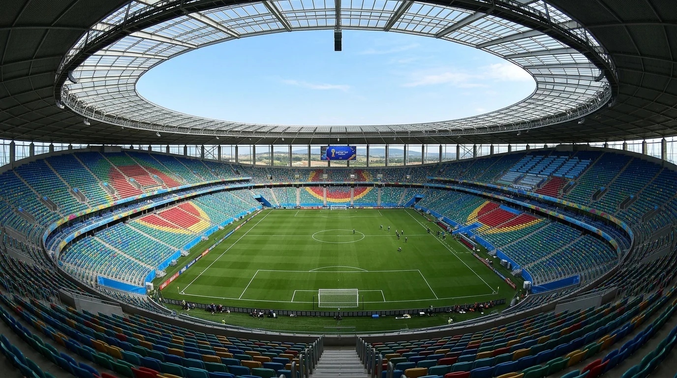 Modern football stadium interior with World Cup 2026 tournament branding and green pitch